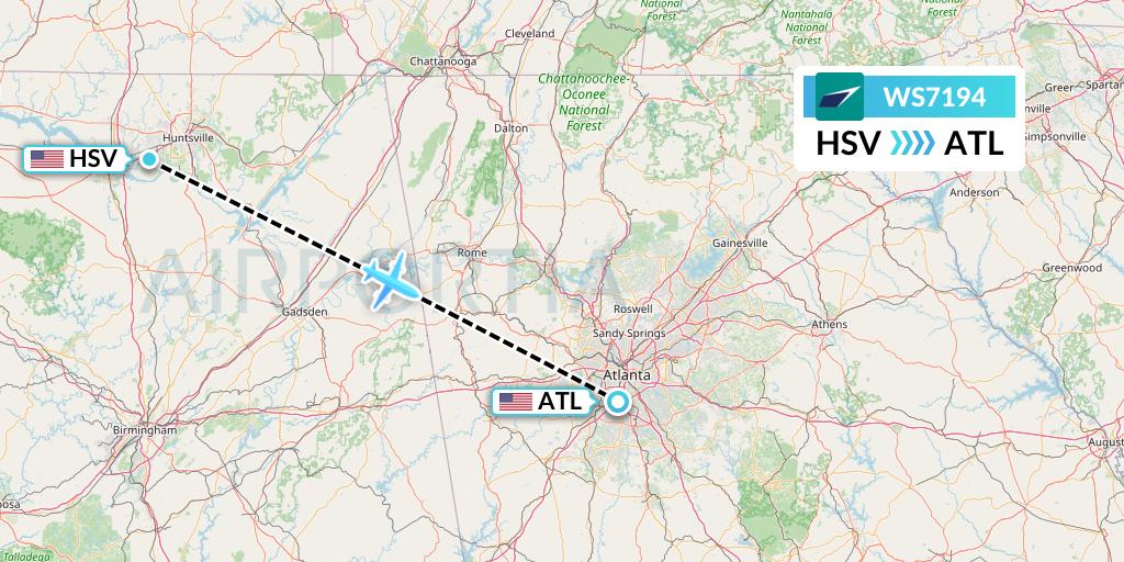 WS7194 WestJet Flight Map: Huntsville to Atlanta