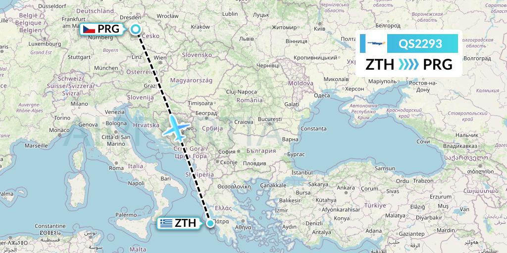 QS2293 Smartwings Flight Map: Zakynthos to Prague