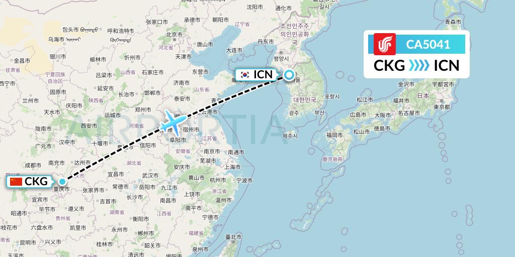 CA5041 Air China Flight Map: Chongqing to Seoul