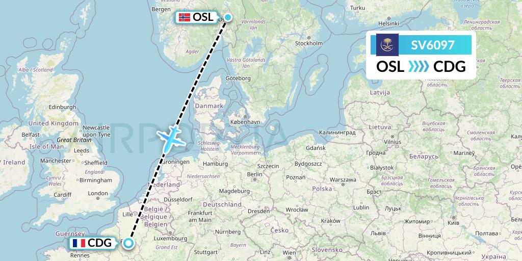 SV6097 Saudi Arabian Airlines Flight Map: Oslo to Paris