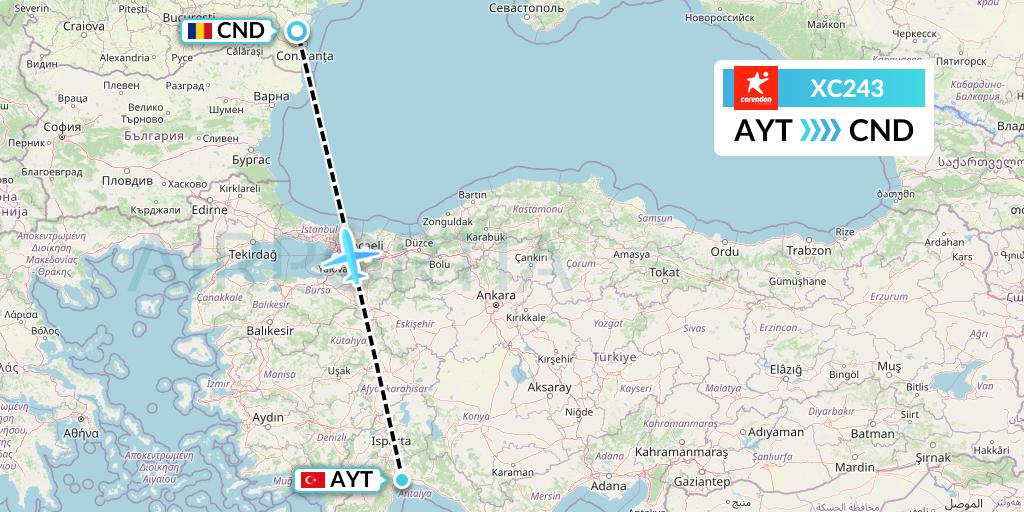 XC243 Corendon Airlines Flight Map: Antalya to Constanta
