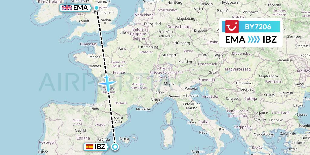 BY7206 TUI Airways Flight Map: East Midlands to Ibiza
