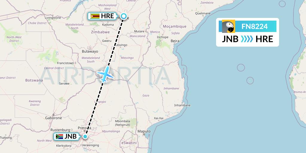 FN8224 Fastjet Flight Map: Johannesburg to Harare