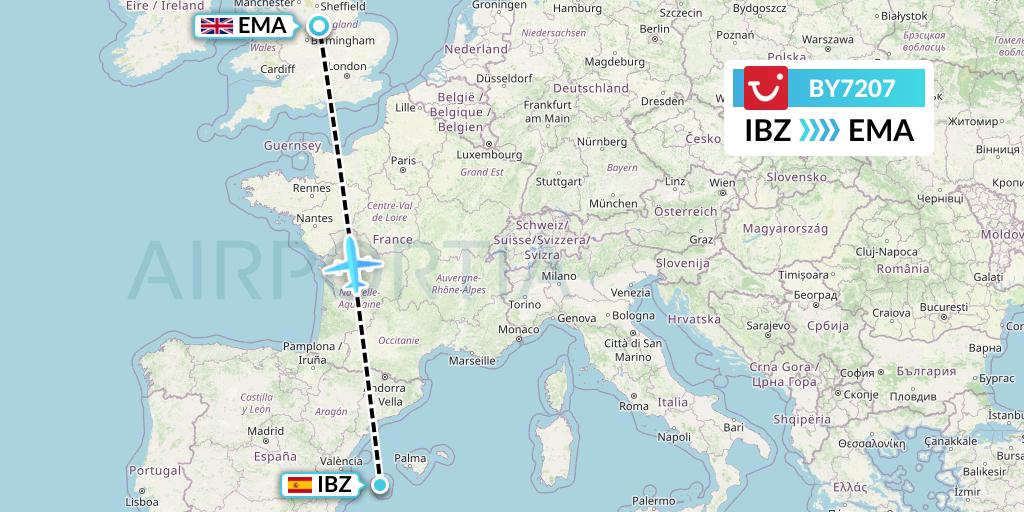 BY7207 TUI Airways Flight Map: Ibiza to East Midlands