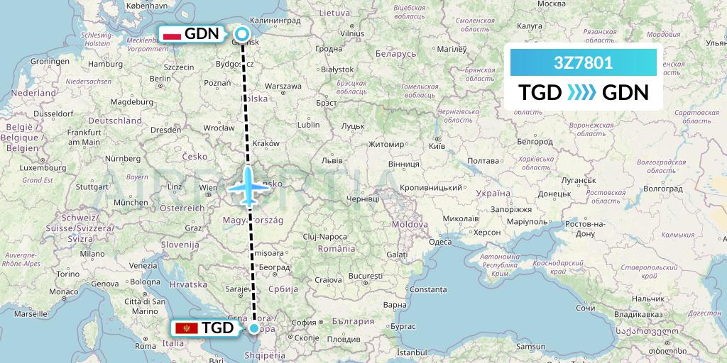 3Z7801 Travel Service Polska Flight Map: Podgorica to Gdansk