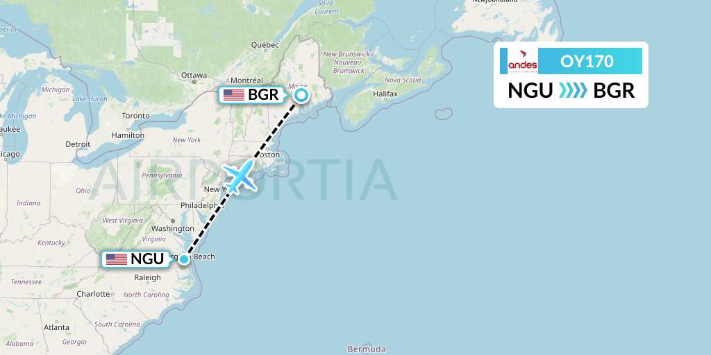 OY170 Omni Air International Flight Map: Norfolk to Bangor