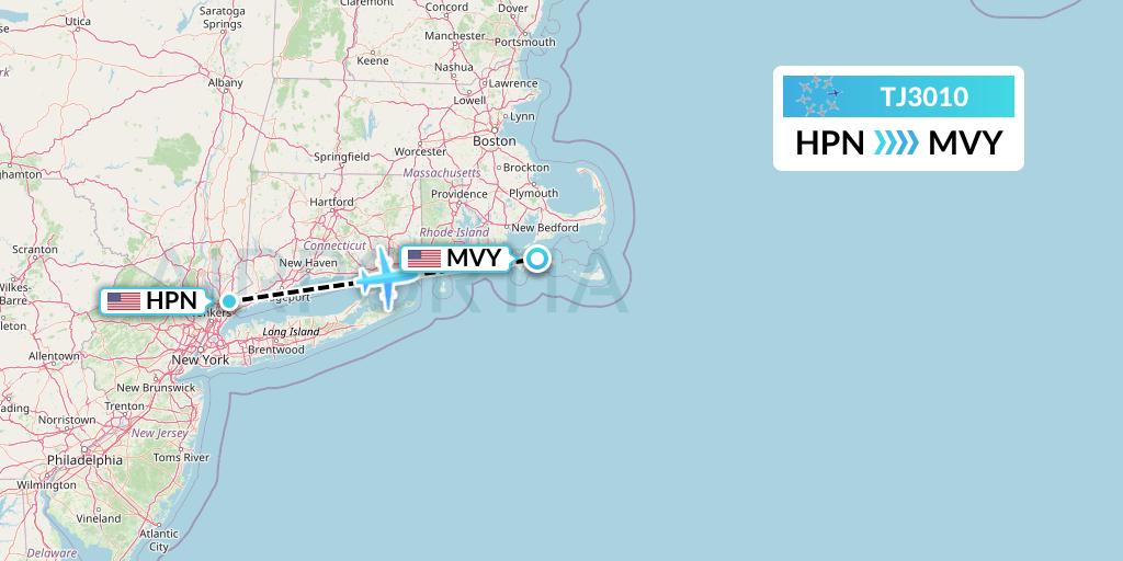 TJ3010 Tradewind Aviation Flight Map: White Plains to Martha's Vineyard
