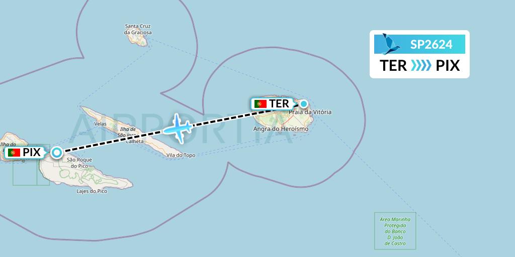 SP2624 SATA Air Acores Flight Map: Lajes to Pico