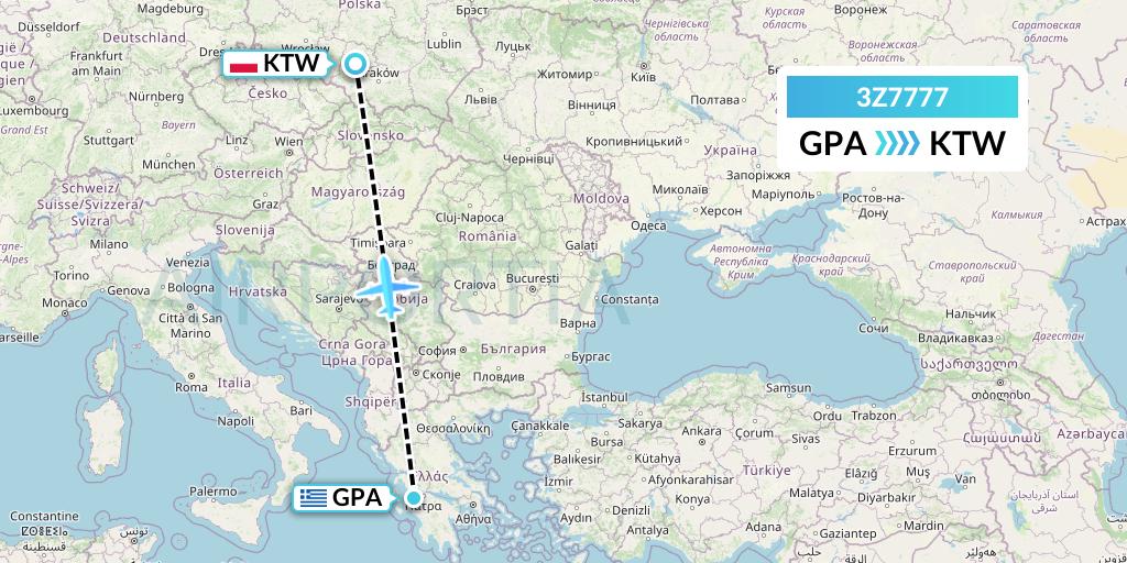 3Z7777 Travel Service Polska Flight Map: Patras to Katowice