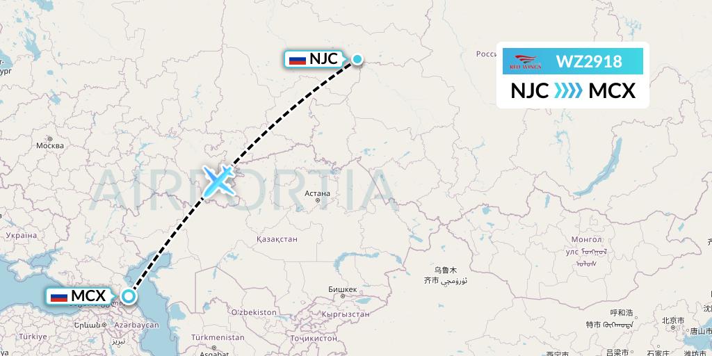 WZ2918 Red Wings Flight Map: Nizhnevartovsk to Makhachkala
