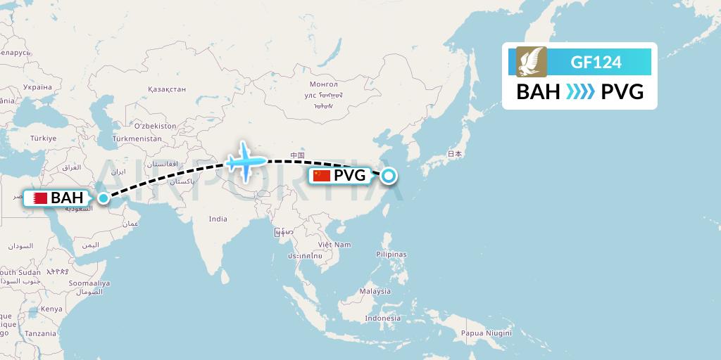 GF124 Gulf Air Flight Map: Bahrain to Shanghai