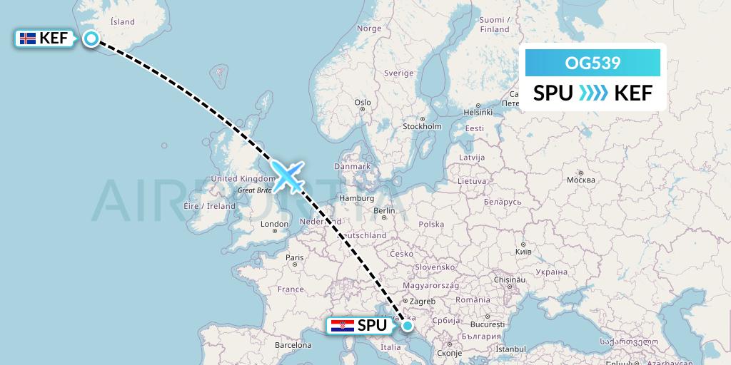 OG539 Fly Play Flight Map: Split to Reykjavik