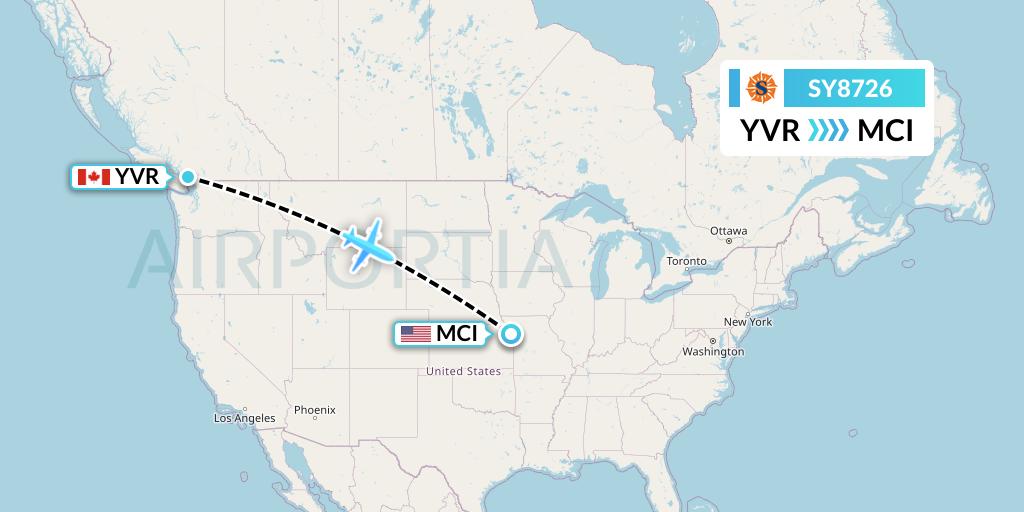 SY8726 Sun Country Airlines Flight Map: Vancouver to Kansas City