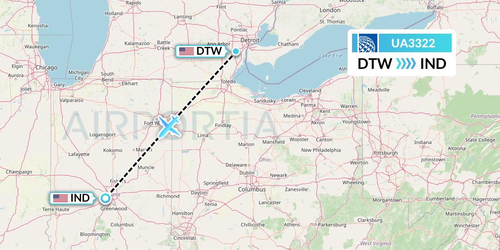 UA3322 United Airlines Flight Map: Detroit to Indianapolis