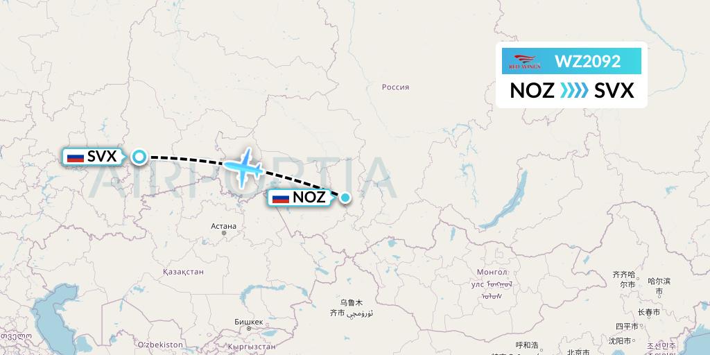 WZ2092 Red Wings Flight Map: Novokuznetsk to Yekaterinburg