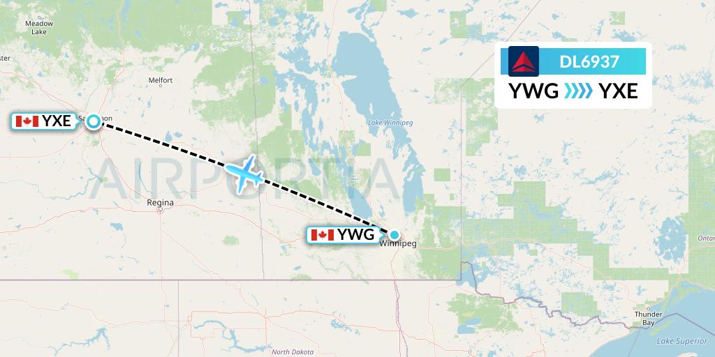 DL6937 Delta Air Lines Flight Map: Winnipeg to Saskatoon