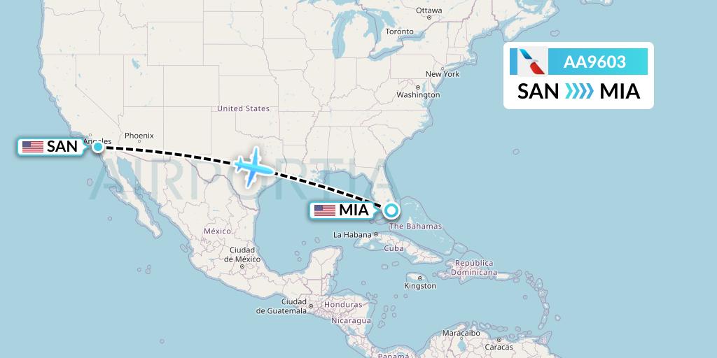AA9603 American Airlines Flight Map: San Diego to Miami
