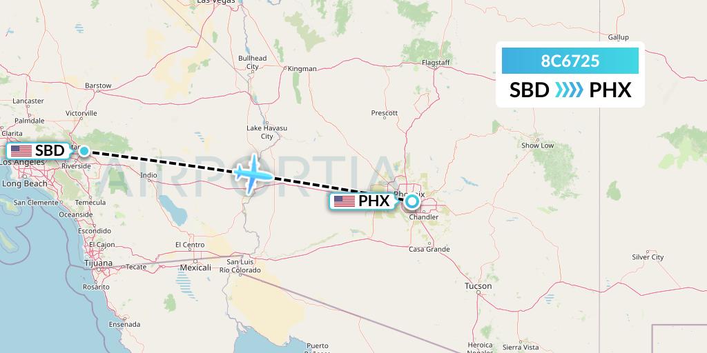 8C6725 Air Transport International Flight Map: San Bernardino to Phoenix