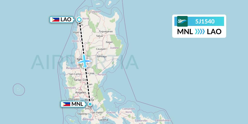 5J1540 CEBU Pacific Air Flight Map: Manila to Laoag City