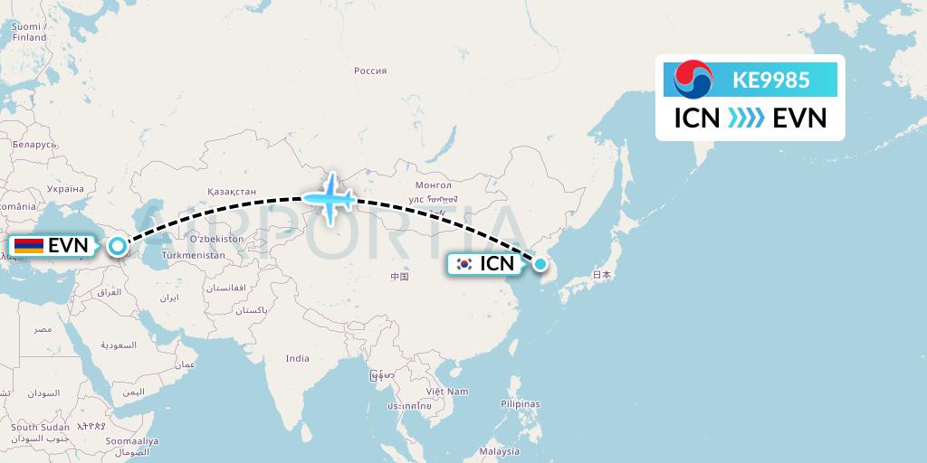 KE9985 Korean Air Flight Map: Seoul to Yerevan