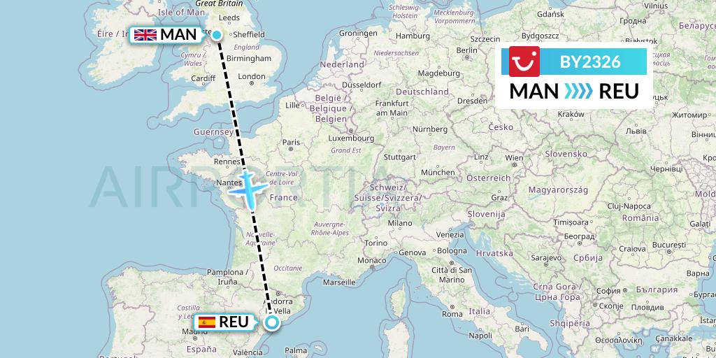 BY2326 TUI Airways Flight Map: Manchester to Reus