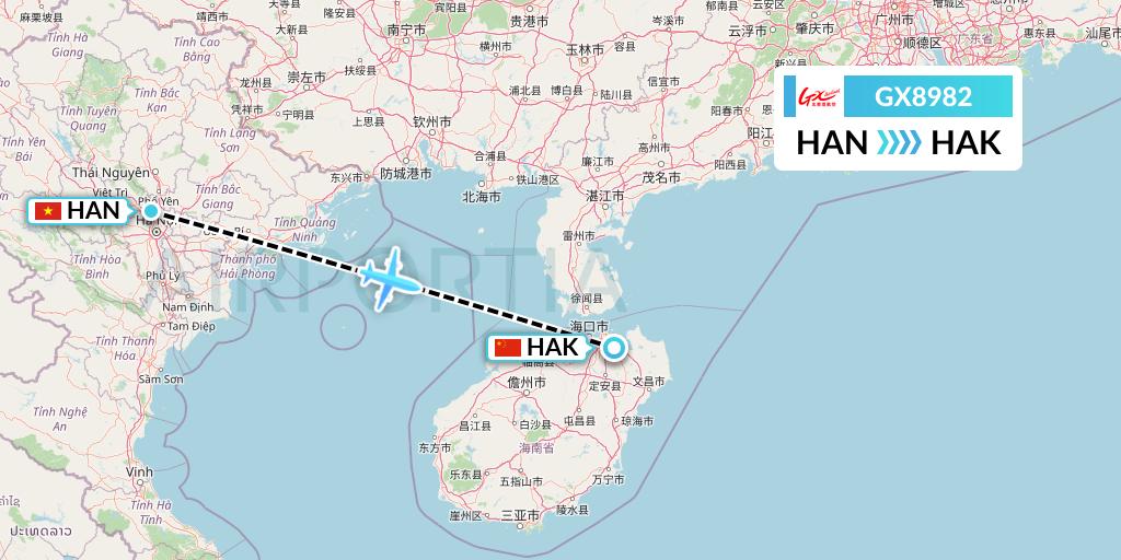 GX8982 GX Airlines Flight Map: Hanoi to Haikou