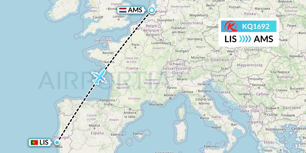 KQ1692 Kenya Airways Flight Map: Lisbon to Amsterdam