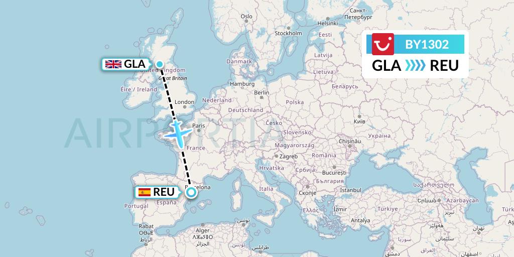 BY1302 TUI Airways Flight Map: Glasgow to Reus