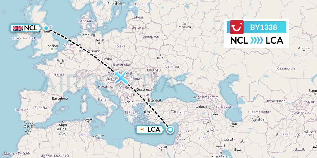BY1338 TUI Airways Flight Map: Newcastle to Larnaca