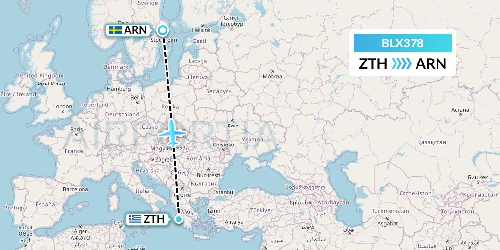 BLX378 TUI fly Nordics Flight Map: Zakynthos to Stockholm