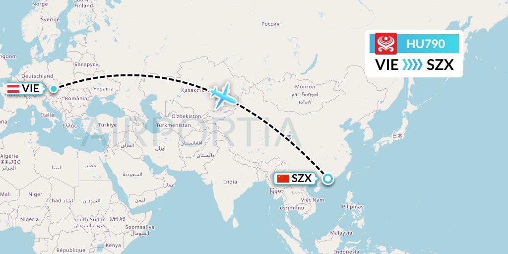 HU790 Hainan Airlines Flight Map: Vienna to Shenzhen