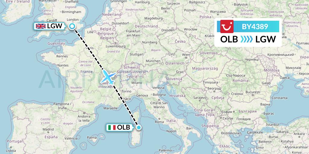 BY4389 TUI Airways Flight Map: Olbia to London
