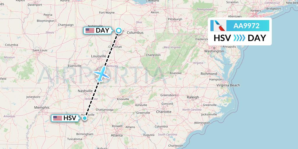 AA9972 American Airlines Flight Map: Huntsville to Dayton