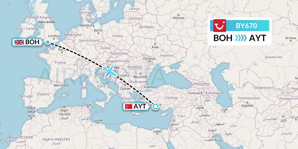 BY670 TUI Airways Flight Map: Bournemouth to Antalya