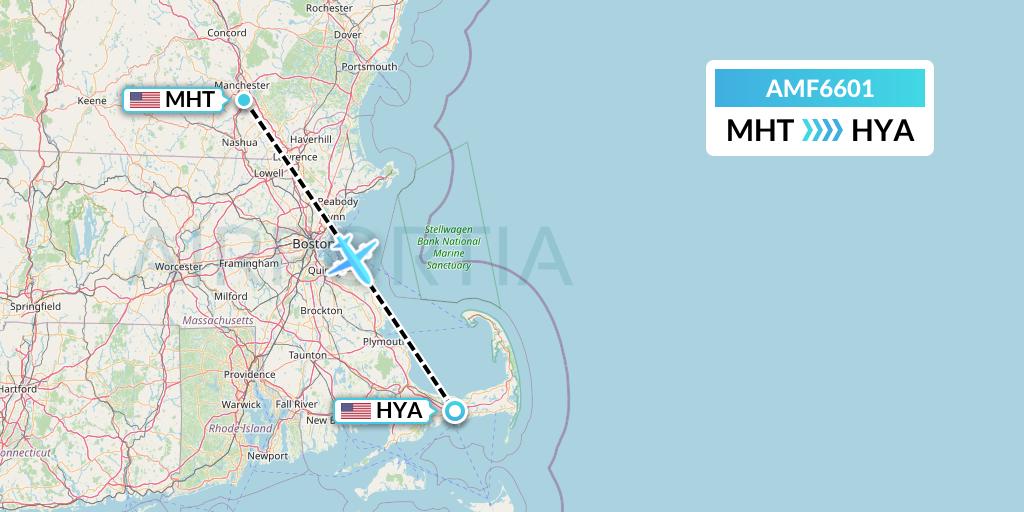 AMF6601 Ameriflight Flight Map: Manchester to Hyannis