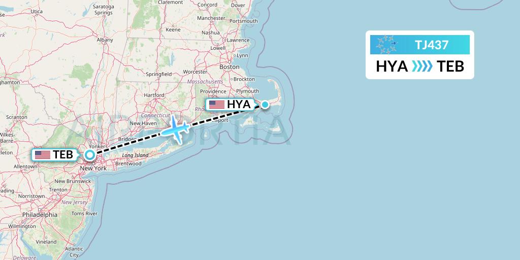 TJ437 Tradewind Aviation Flight Map: Hyannis to Teterboro