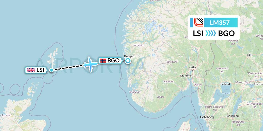 LM357 Loganair Flight Map: Sumburgh to Bergen