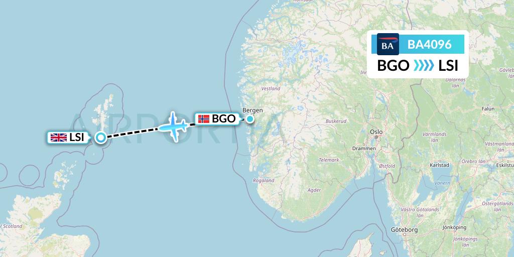 BA4096 British Airways Flight Map: Bergen to Sumburgh