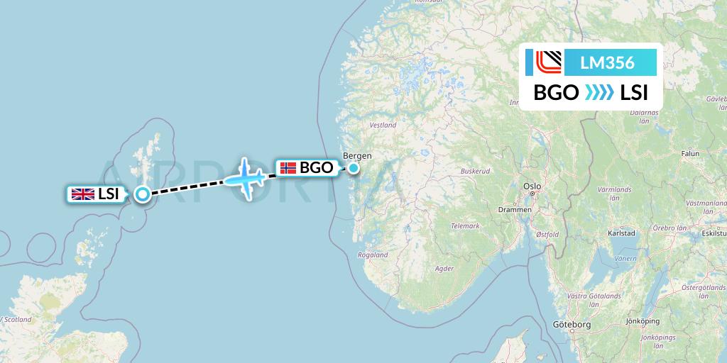 LM356 Loganair Flight Map: Bergen to Sumburgh
