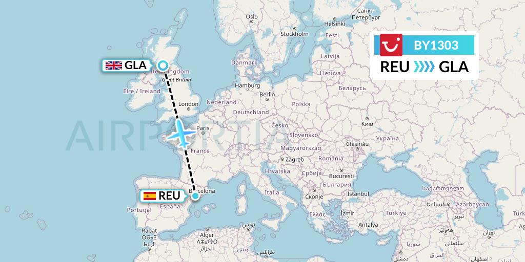 BY1303 TUI Airways Flight Map: Reus to Glasgow