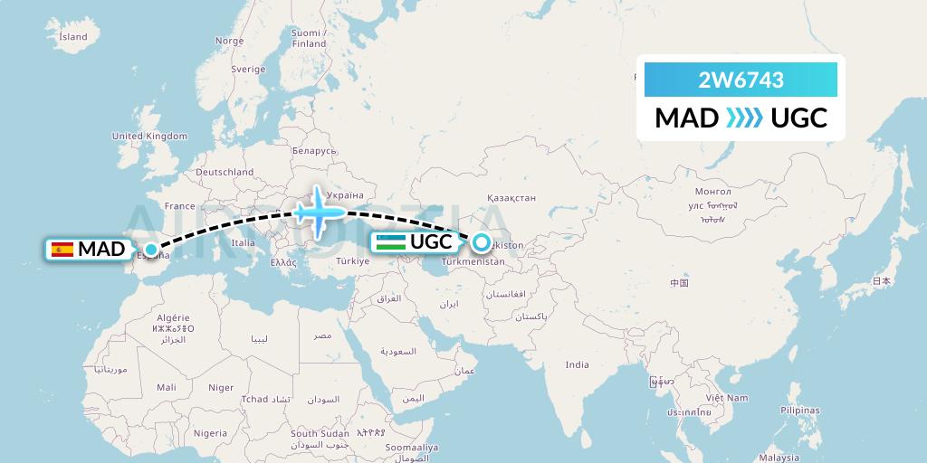 2W6743 World 2 Fly Flight Map: Madrid to Urgench