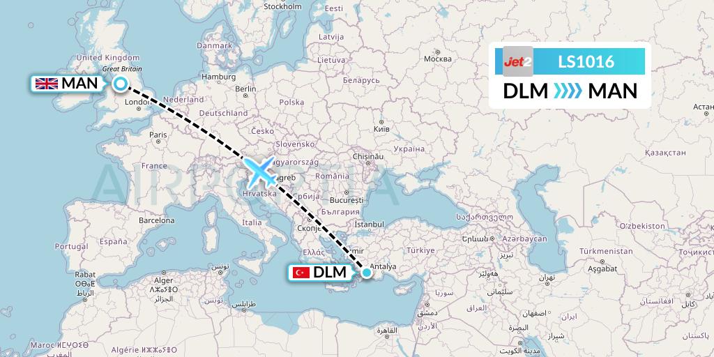 LS1016 Jet2 Flight Map: Dalaman to Manchester