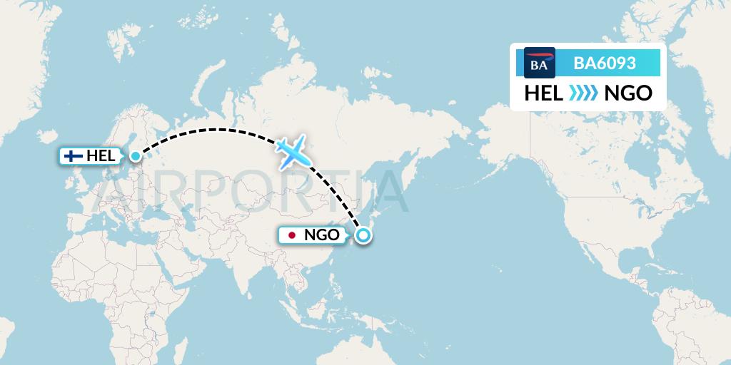BA6093 British Airways Flight Map: Helsinki to Nagoya