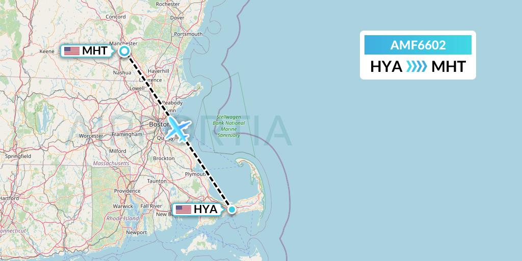 AMF6602 Ameriflight Flight Map: Hyannis to Manchester