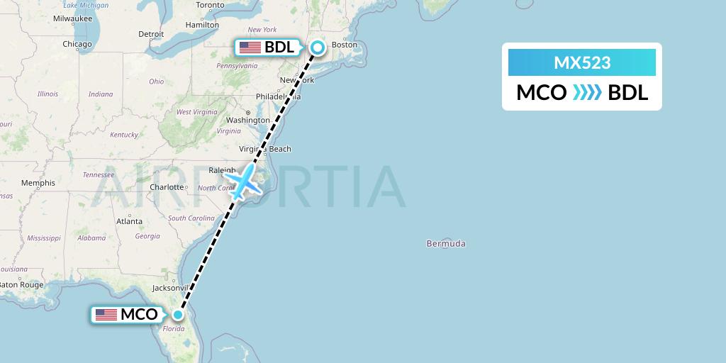 MX523 Breeze Airways Flight Map: Orlando to Windsor Locks