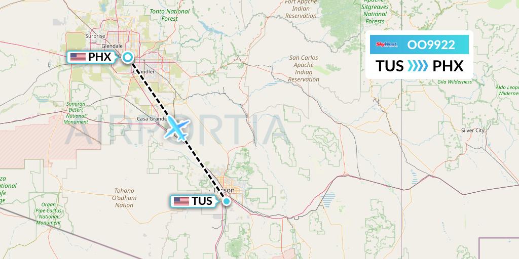 OO9922 SkyWest Airlines Flight Map: Tucson to Phoenix