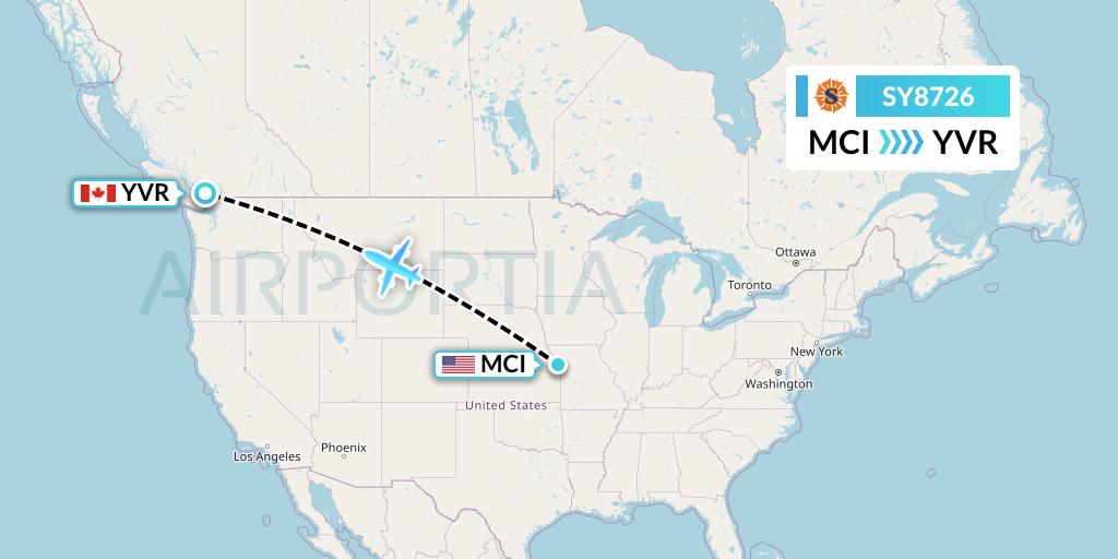 SY8726 Sun Country Airlines Flight Map: Kansas City to Vancouver