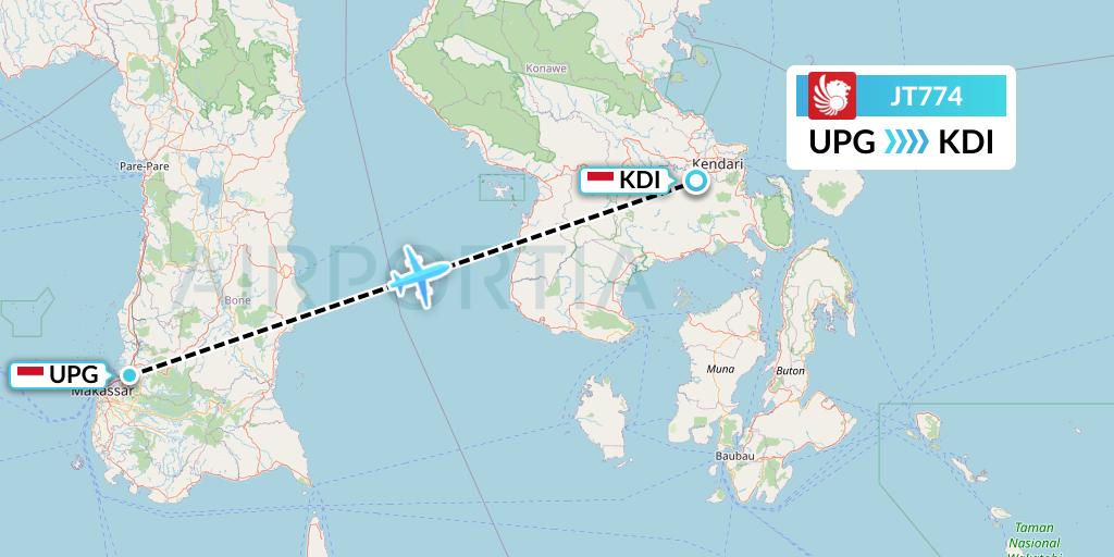JT774 Lion Airlines Flight Map: Makassar to Kendari