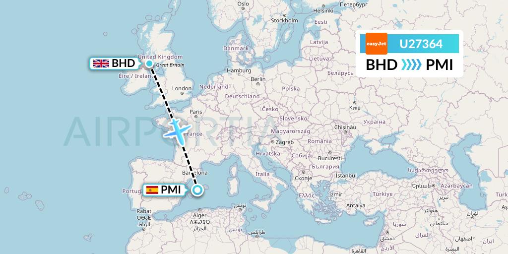 U27364 EasyJet Flight Map: Belfast to Palma de Mallorca