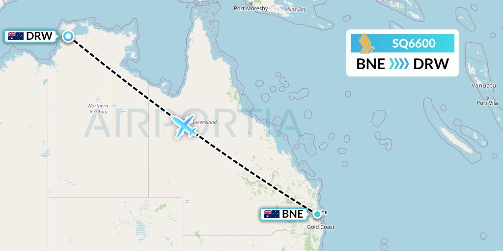 SQ6600 Singapore Airlines Flight Map: Brisbane to Darwin